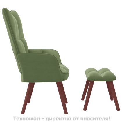 Релакс стол с табуретка, светлозелен, кадифе