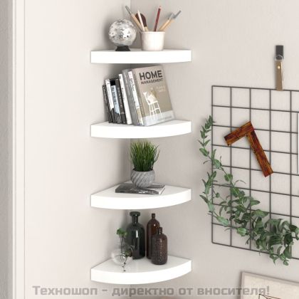 Плаващи ъглови рафтове, 4 бр., бяло, гланц, 25x25x3,8 см, MDF