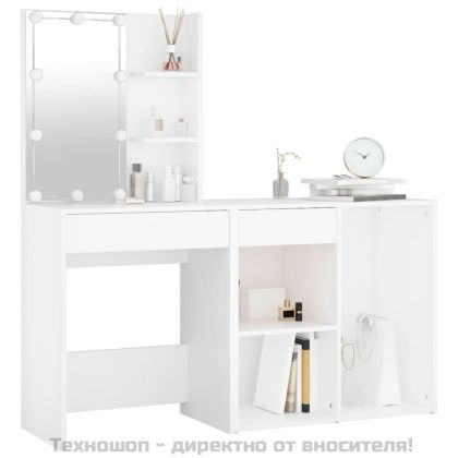 LED тоалетка с шкаф, бяла, инженерно дърво