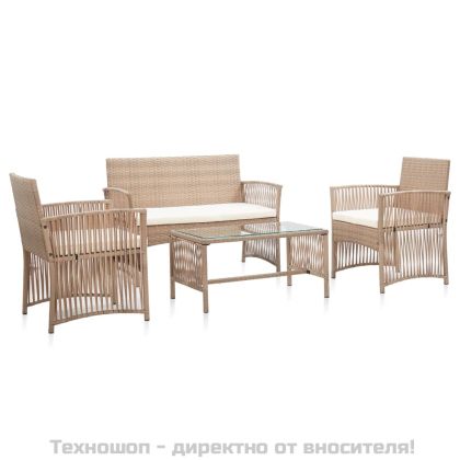 Градински комплект с възглавница, 4 части, бежов полиратан