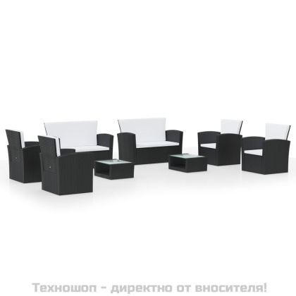 Градински комплект с възглавници, 8 части, полиратан, черен