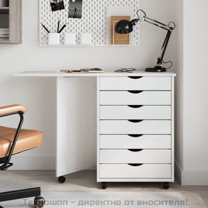 Шкаф с колелца и бюро MOSS, бял, бор масив