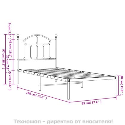Метална рамка за легло с горна табла, бяла, 90x190 см