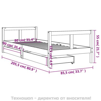 Рамка за детско легло с чекмеджета, 80x200 см, чам масив