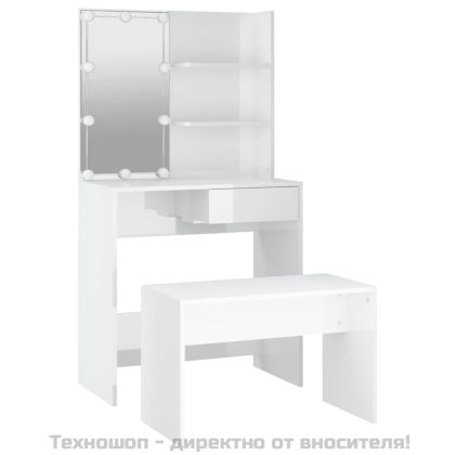 Комплект тоалетка с LED, бял гланц, инженерно дърво