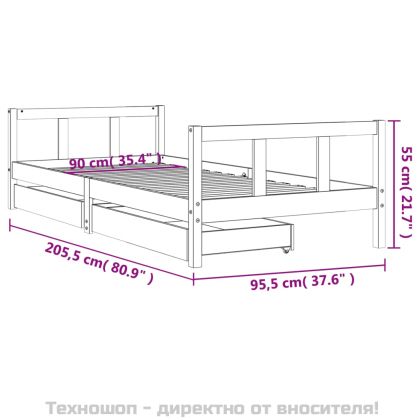 Рамка за детско легло с чекмеджета, бяла, 90x200 см, бор масив
