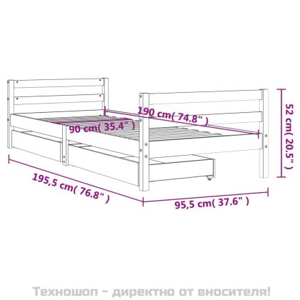 Детска рамка за легло с чекмеджета, бяла, 90x190 см, бор масив