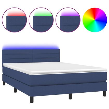 Боксспринг легло с матрак и LED, синьо, 140x190 см, плат