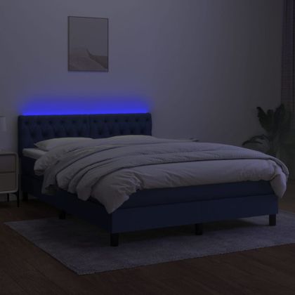 Боксспринг легло с матрак и LED, синьо, 140x200 см, плат