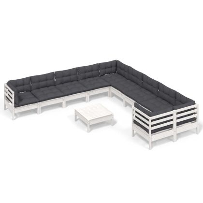 Градински лаундж комплект с възглавници, 11 части, бял, бор