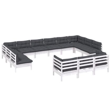 Градински лаундж комплект с възглавници, 13 части, бял, бор