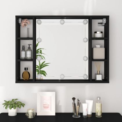 Огледален шкаф с LED, черен, 76x15x55 см