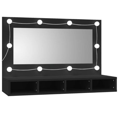 Огледален шкаф с LED, черен, 90x31,5x62 см