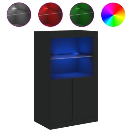 Страничен шкаф с LED осветление, черен, инженерно дърво