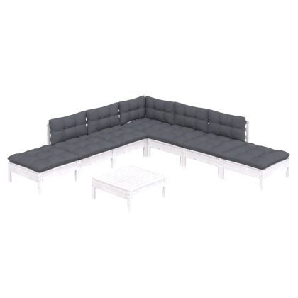 Градински лаундж комплект с възглавници, 8 части, бял бор