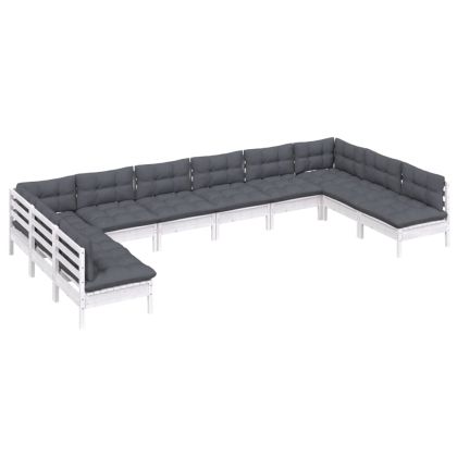 Градински лаундж комплект с възглавници 10 части бял бор масив