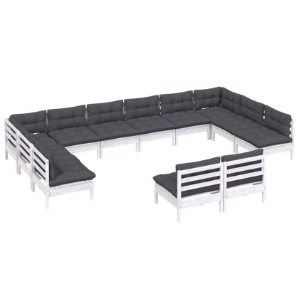 Градински лаундж комплект с възглавници 12 части бял бор масив