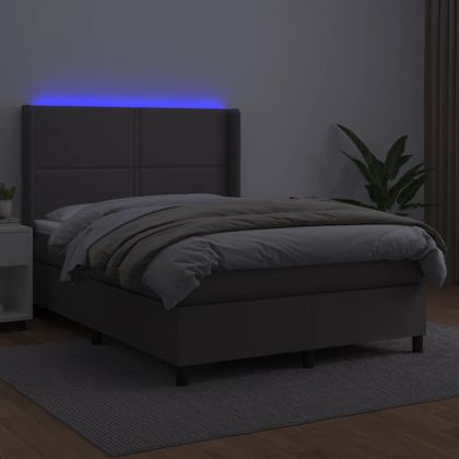Боксспринг легло с матрак и LED сиво 140x200 см изкуствена кожа