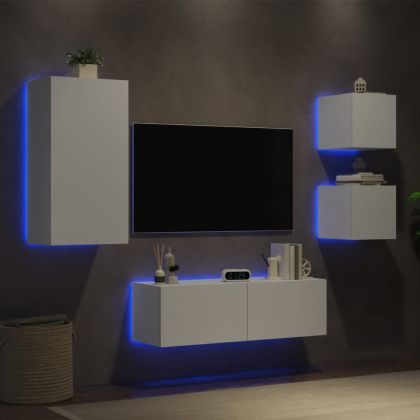 ТВ стенни шкафове, 4 части, с LED светлини, бели