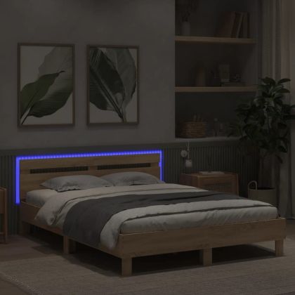 Рамка за легло с табла и LED, дъб сонома, 140x200 см