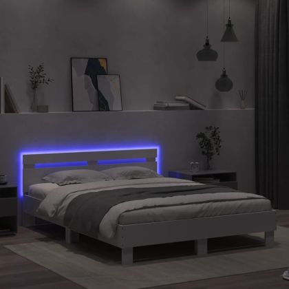 Рамка за легло с табла и LED, бяла, 140x200 см