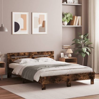 Рамка за легло с табла и LED, опушен дъб, 140x200 см