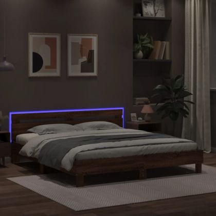 Рамка за легло с табла и LED, кафяв дъб, 180x200 см