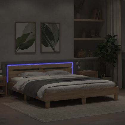 Рамка за легло с табла и LED, дъб сонома, 200x200 см
