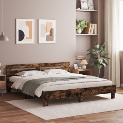Рамка за легло с табла и LED, опушен дъб, 160x200 см