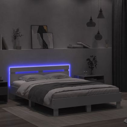 Рамка за легло с табла и LED, бяла, 150x200 см