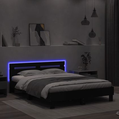 Рамка за легло с табла и LED, черна, 150x200 см