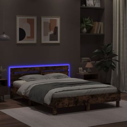 Рамка за легло с табла и LED, опушен дъб, 150x200 см