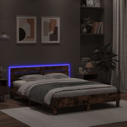 Рамка за легло с табла и LED, кафяв дъб, 150x200 см