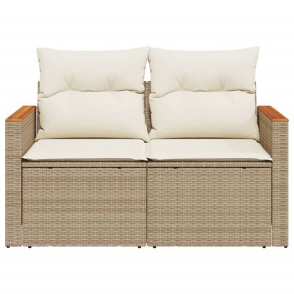 Градински диван с възглавници 2-местен бежов полиратан