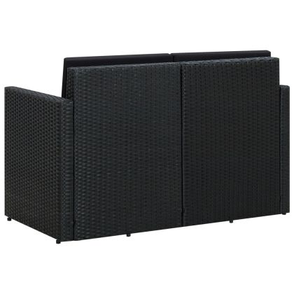 2-местен градински диван с възглавници, черен, полиратан