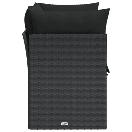 Градински диван с възглавници, двуместен, черен, полиратан