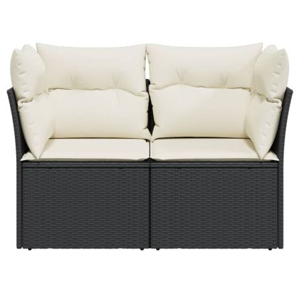 Градински диван с възглавници 2-местен черен полиратан