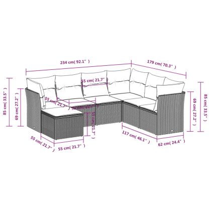 Градински диван с възглавници, 7 части, полиратан, сив
