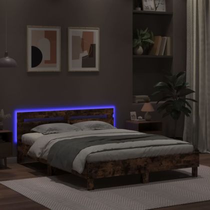 Рамка за легло с табла и LED, опушен дъб, 140x190 см