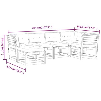 Градински комплект с възглавници, 6 части, бял, бор масив