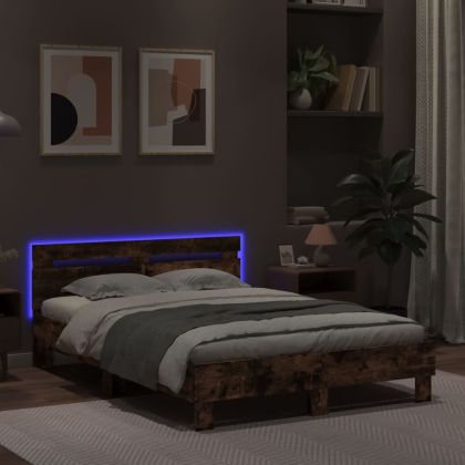 Рамка за легло с табла и LED, опушен дъб, 135x190 см