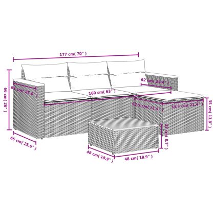 Градински диван с възглавници, 5 части, сив полиратан акация