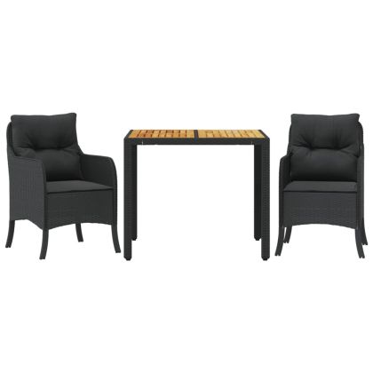 Градински комплект от 3 части с възглавници черни полиратан