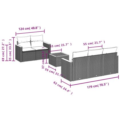 Градински диван с възглавници, 6 части, черен, полиратан