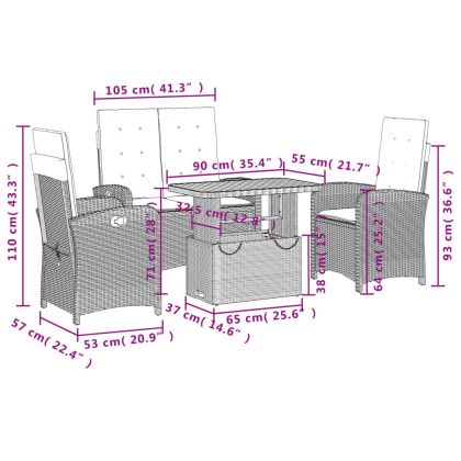 Градински трапезен комплект 4 части с възглавници сив полиратан