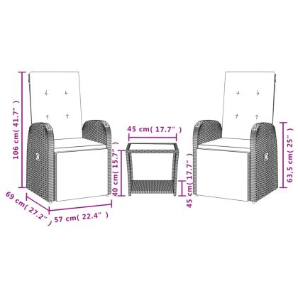 Градински трапезен комплект 3 части с възглавници сив полиратан