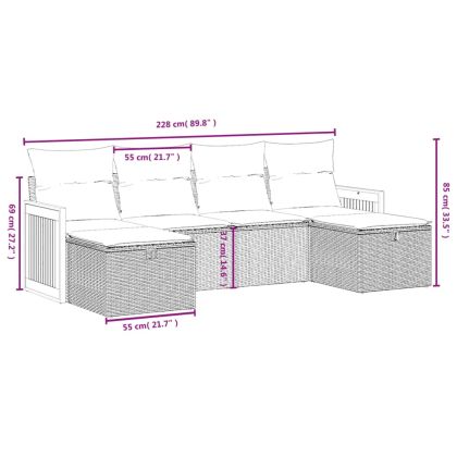 Градински диван с възглавници, 6 части, черен, полиратан