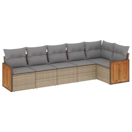 Градински диван с възглавници, 6 части, бежов полиратан