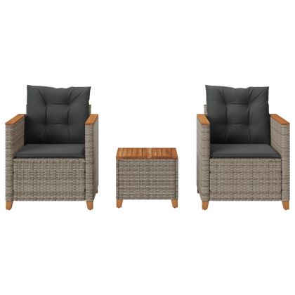 Бистро комплект с възглавници 3 части сив полиратан и акация