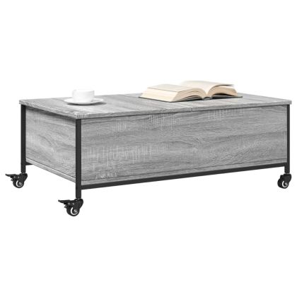 Маса за кафе с колелца сив сонома 91x55x34 см инженерно дърво